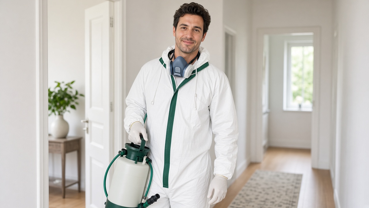 A crew member in a protective suit and respirator stands in a home hallway holding a sprayer.