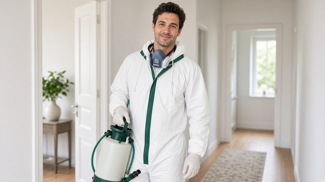 A crew member in a protective suit and respirator stands in a home hallway holding a sprayer.