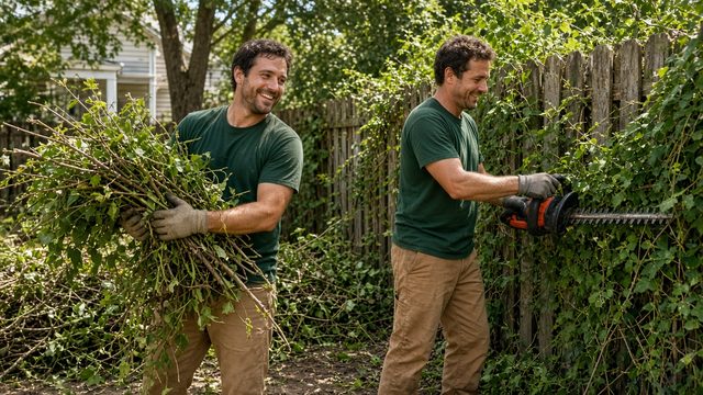 Two crew members cut ivy along a fence and haul away a bundle of branches.