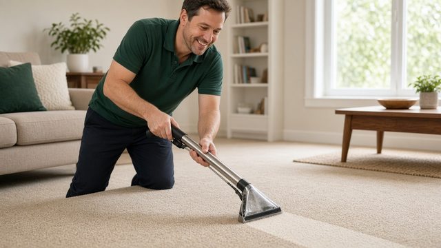 A crew member cleans a living-room carpet with an extractor wand.