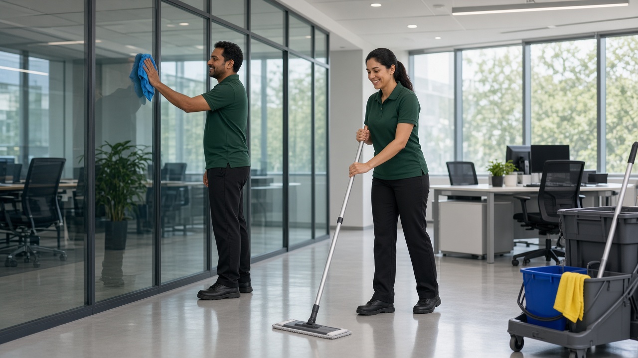 Two crew members clean an office, one wiping a glass wall and one mopping the floor.