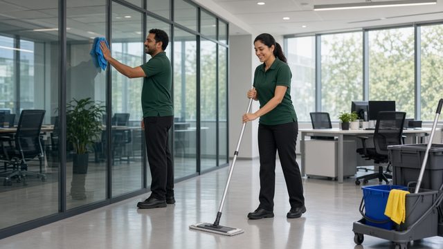 Two crew members clean an office, one wiping a glass wall and one mopping the floor.