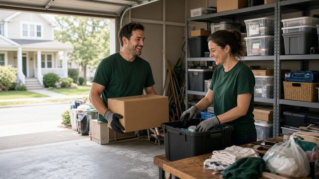 Two crew members sort boxes and bins during a garage cleanout.