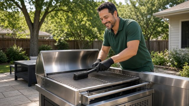 A crew member brushes the grates of a stainless outdoor grill.