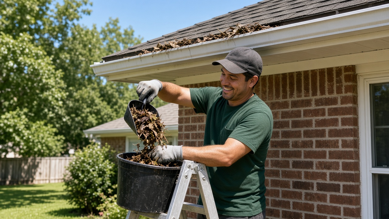 A crew member on a ladder empties leaves from a gutter into a bucket.
