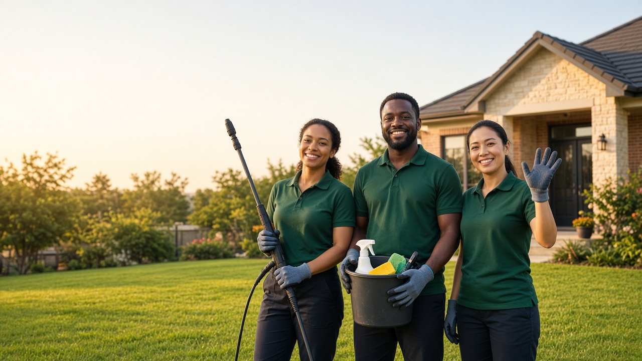 Three crew members in green shirts on a front lawn, one holding a pressure-washer wand, one holding a bucket of supplies, and one waving.
