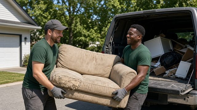 Two crew members carry a worn sofa toward a van already loaded with junk.