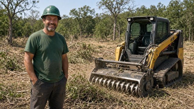 A crew member in a hard hat stands beside a forestry mulcher on a cleared lot.