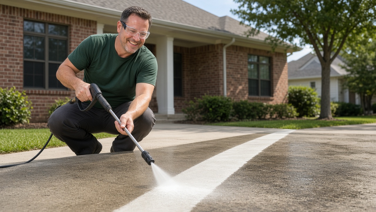 A crew member pressure-washes a concrete driveway in front of a brick house.