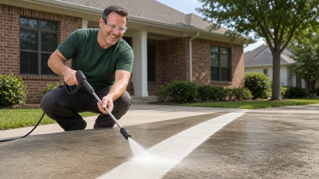 A crew member pressure-washes a concrete driveway in front of a brick house.