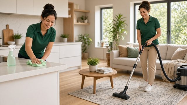 Two crew members clean a home, one wiping the kitchen counter and one vacuuming the living room.