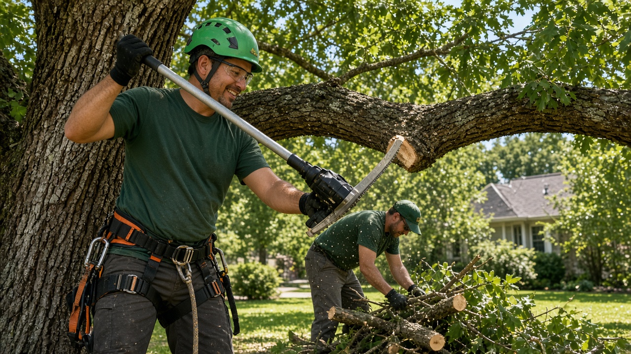 A climber in a helmet cuts a tree limb with a pole saw while a second crew member stacks the branches.