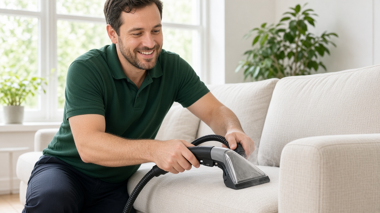 A crew member cleans a fabric sofa with an upholstery tool.